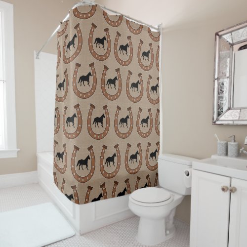 Rustic Brown Horseshoes and Black Horses Shower Curtain
