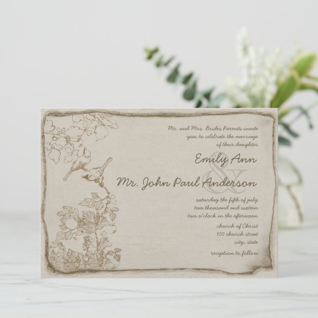Rustic Brown Hues Vintage Love Birds Wedding Invitation (Standing Front)