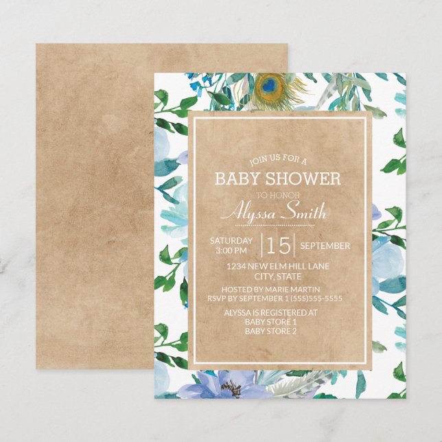 Rustic Brown Kraft Blue White Floral Baby Shower Invitation (Front/Back)