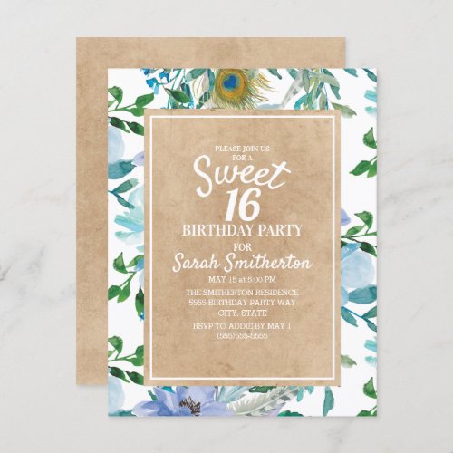 Rustic Brown Kraft Blue White Floral Sweet 16 Invitation