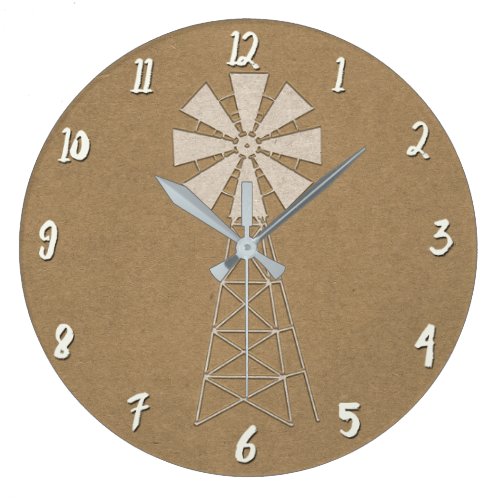 Rustic Brown Kraft Farm Windmill Country Modern Large Clock