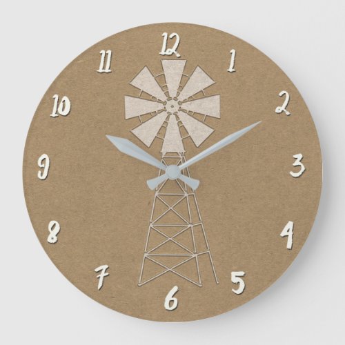 Rustic Brown Kraft Farm Windmill Country Modern Large Clock