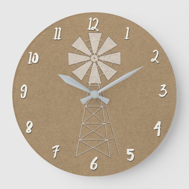 Rustic Brown Kraft Farm Windmill Country Modern Large Clock (Front)