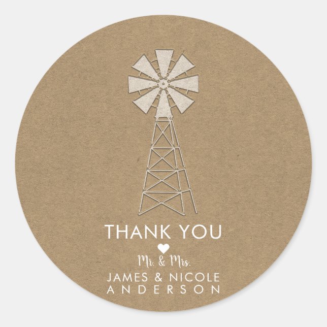 Rustic Brown Kraft Farm Windmill Modern Wedding Classic Round Sticker (Front)
