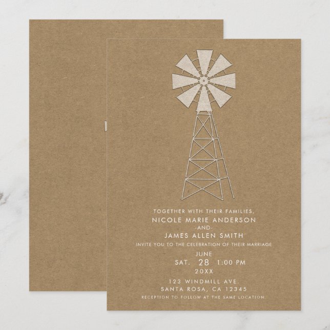 Rustic Brown Kraft Farm Windmill Modern Wedding Invitation (Front/Back)