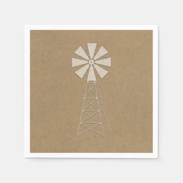 Rustic Brown Kraft Farm Windmill Modern Wedding Napkins (Front)