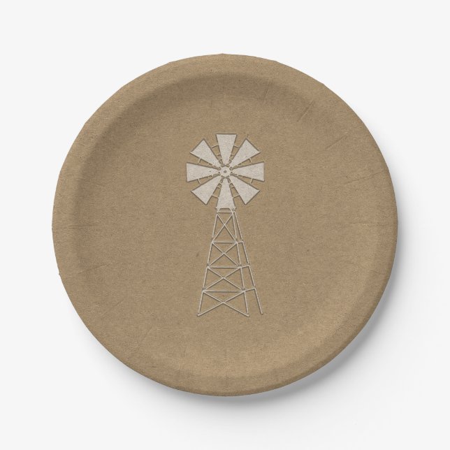 Rustic Brown Kraft Farm Windmill Modern Wedding Paper Plates (Front)