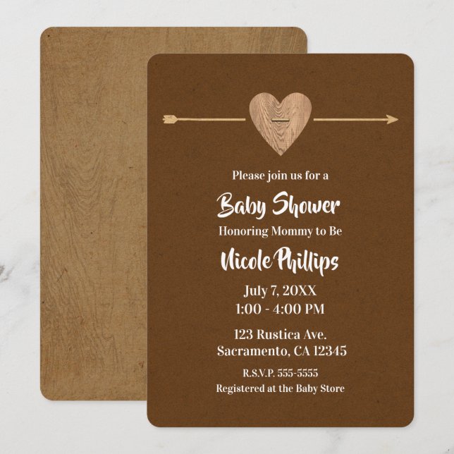 Rustic Brown Kraft Heart Arrow Barn Baby Shower Invitation (Front/Back)
