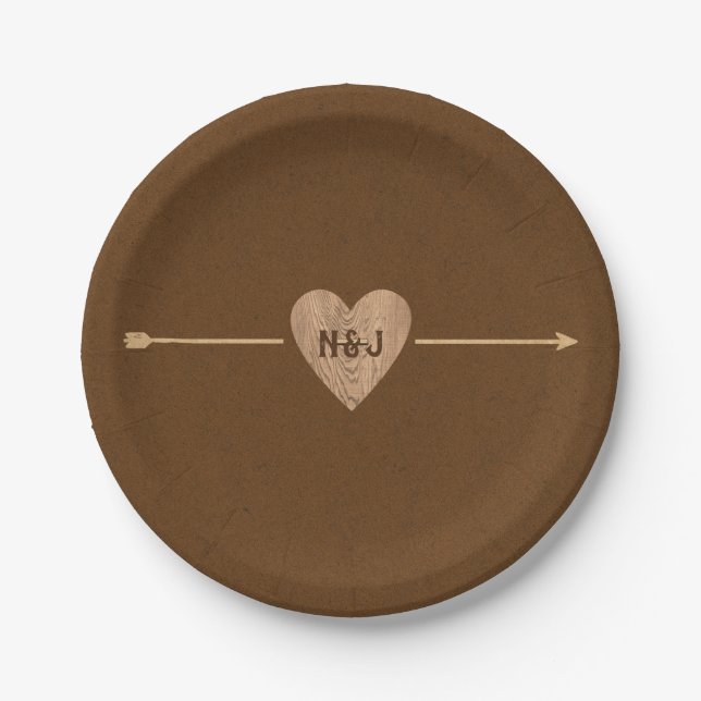 Rustic Brown Kraft Heart Arrow Bridal Shower Paper Plates (Front)