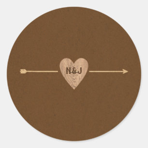 Rustic Brown Kraft Heart Arrow Woodsy Classic Round Sticker