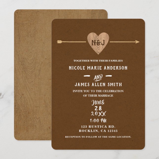 Rustic Brown Kraft Heart Arrow Woodsy Wedding Invitation (Front/Back)