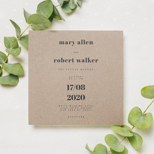 Rustic brown kraft paper black typography wedding invitation