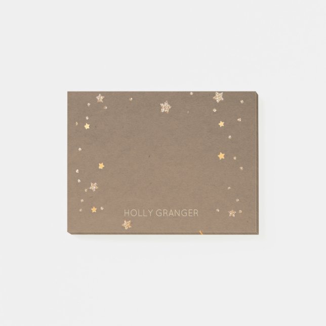 Rustic Brown Kraft Paper Gold Stars | Monogrammed Post-it Notes (Front)