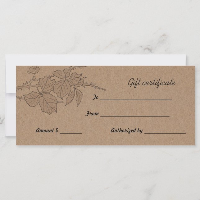 Rustic Brown Kraft Paper Leaves Gift Certificate (Front)