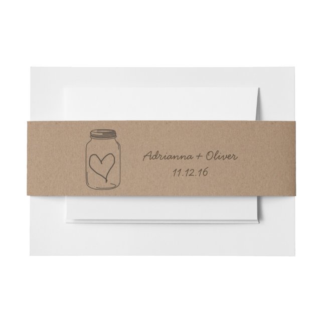 Rustic Brown Kraft Paper Pattern Mason Jar Heart Invitation Belly Band (Front Example)