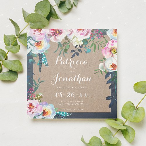 Rustic brown kraft paper pink blue floral wedding invitation