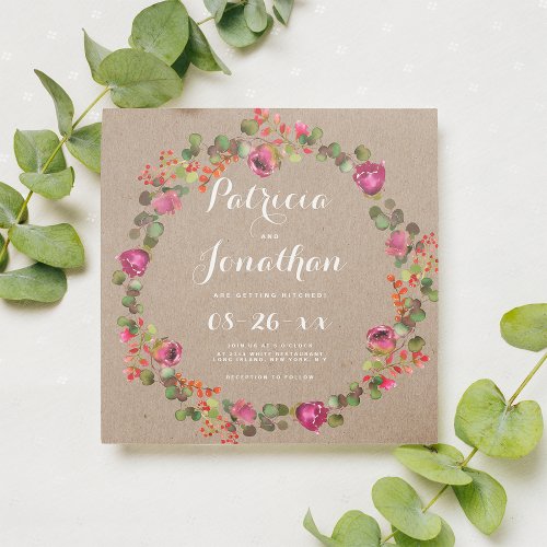 Rustic brown kraft paper pink green floral wedding invitation