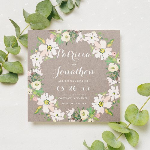 Rustic brown kraft paper pink white floral wedding invitation