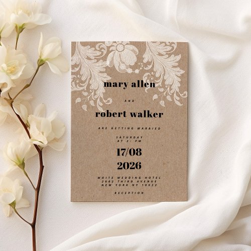 Rustic brown kraft paper white floral lace Wedding Invitation