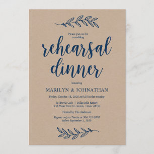 Rustic Brown Kraft, Rehearsal Dinner, Navy Blue Invitation