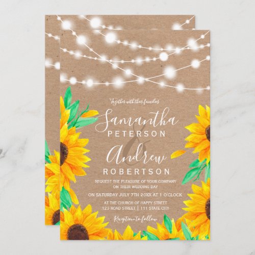 Rustic brown kraft string lights sunflower wedding invitation