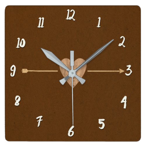Rustic Brown Kraft Wood Heart &amp; Arrow Square Wall Clock