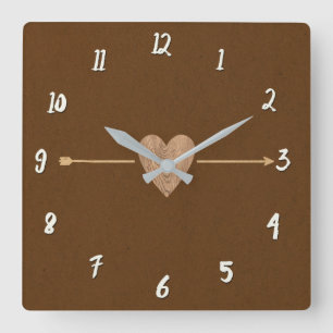 Rustic Brown Kraft Wood Heart & Arrow Square Wall Clock