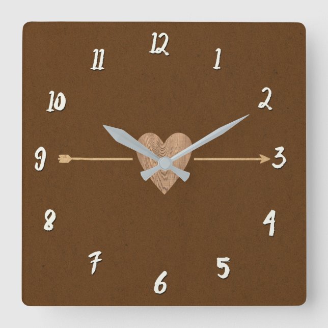 Rustic Brown Kraft Wood Heart & Arrow Square Wall Clock (Front)