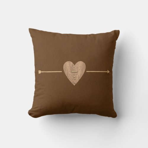 Rustic Brown Kraft Wood Heart  Arrow Throw Pillow
