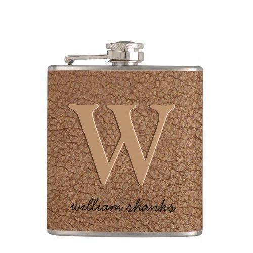 Rustic brown leather black gold chic monogram name flask