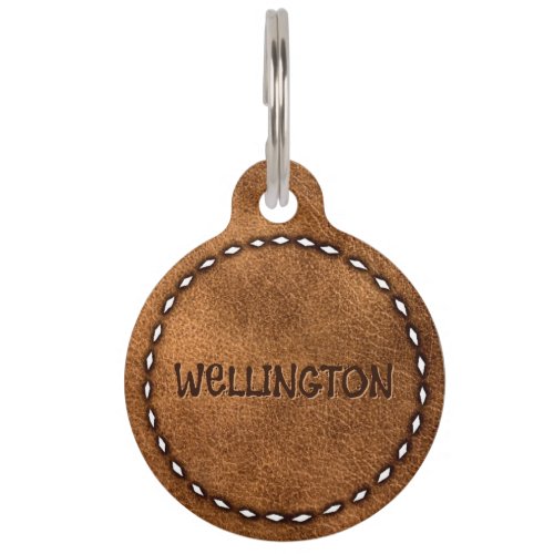  Rustic Brown Leather Buckstitch Dog Cat Name Pet ID Tag