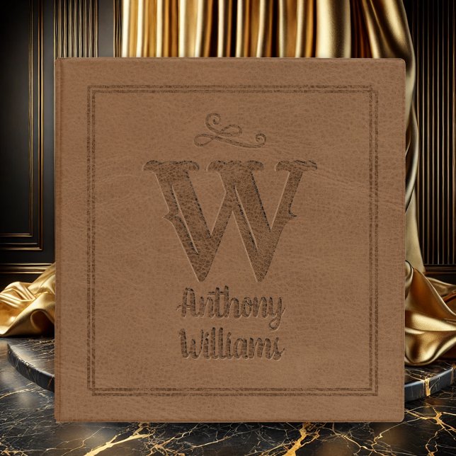 Rustic Brown Leather Custom Monogram Name 3 Ring Binder (Faux Brown Leather Monogram Initial Name 3 ring Binder)