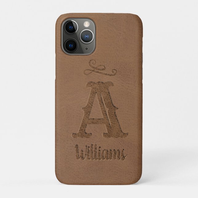 Rustic Brown Leather Custom Monogram Name Case-Mate iPhone Case (Back)