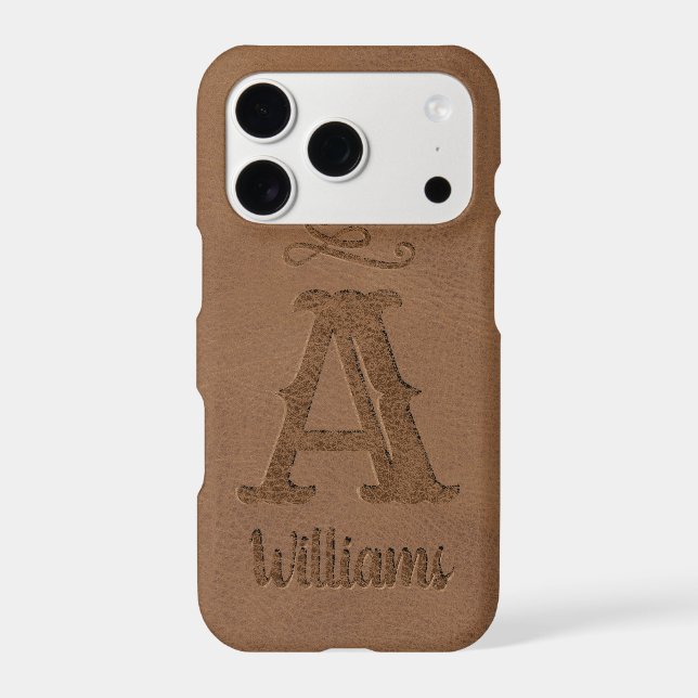 Rustic Brown Leather Custom Monogram Name Iphone Case (Back)