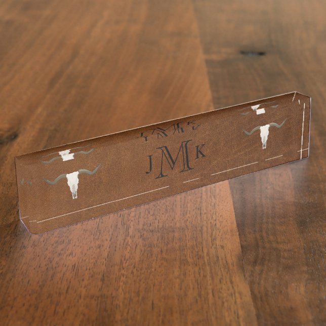 Rustic Brown Leather Image Antler Monogram Desk Name Plate (Side)