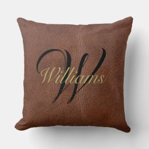 Rustic Brown Leather Look Monogrammed Throw Pillow