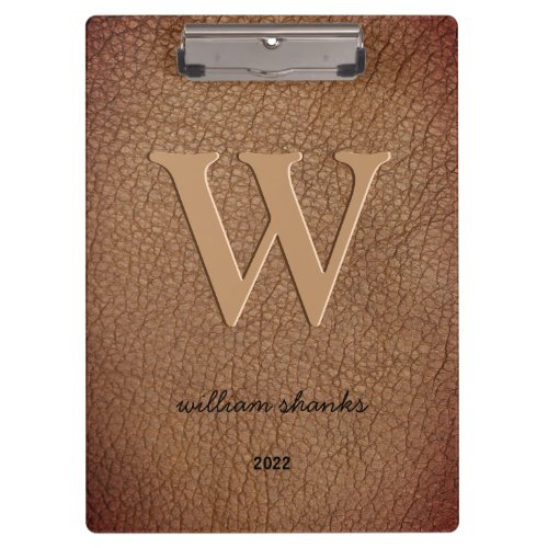 Rustic brown leather monogram stylish script name clipboard