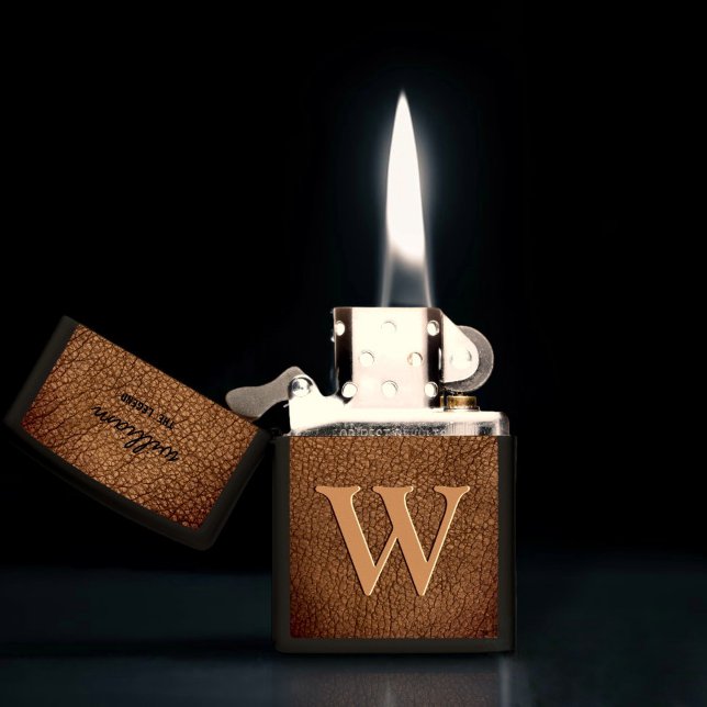 Rustic brown leather Monogram stylish script name Zippo Lighter (Creator Uploaded)