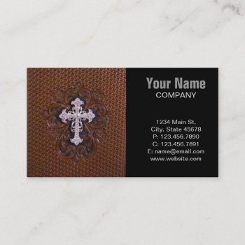 Rustic Brown Leather Western Country Cross Business Card by WhenWestMeetEast at Zazzle