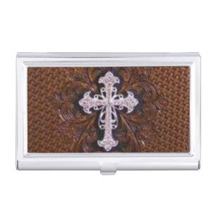 rustic brown leather western country cross business card case