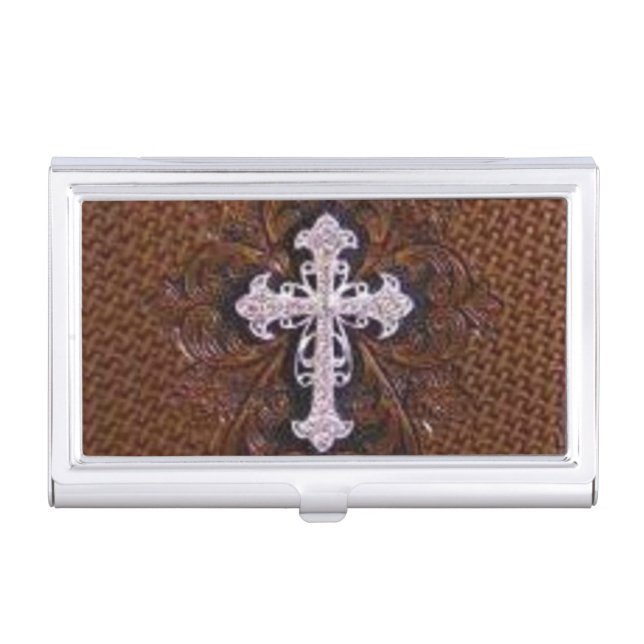 rustic brown leather western country cross business card case (Front)