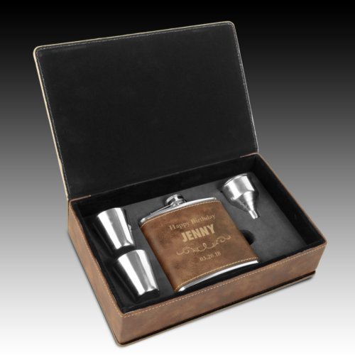  Rustic Brown Leatherette Engraved Flask Gift Set