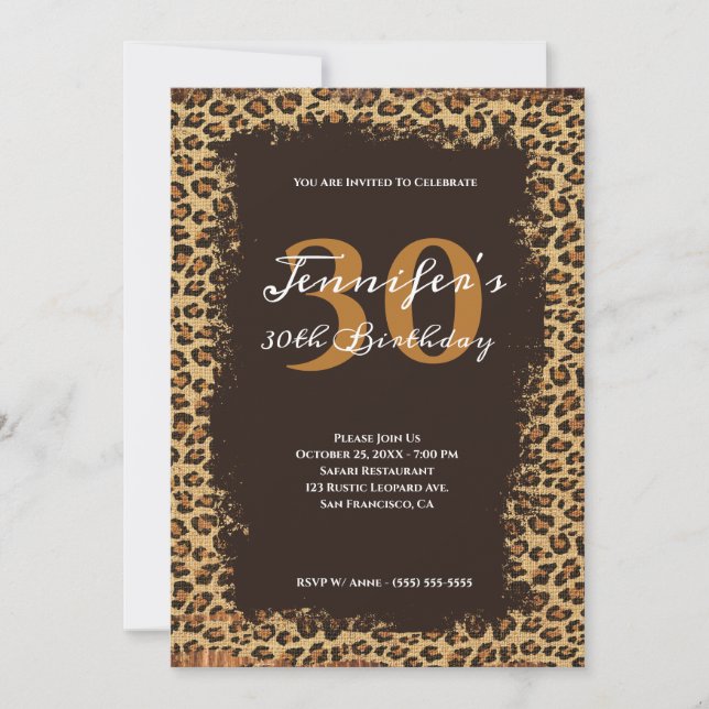 Rustic Brown Leopard Burlap Grunge 30th Birthday Invitation (Front)