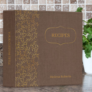 Rustic Brown Linen and Elegant Gold Leaf Recipe 3 Ring Binder