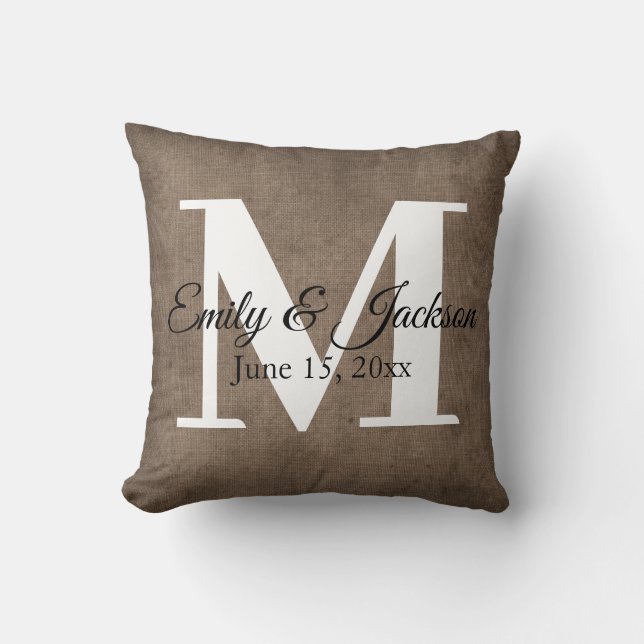 Rustic Brown Linen Monogram Family Name Wedding Throw Pillow (Front)