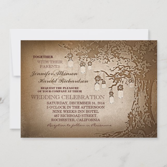 Rustic brown mason jars tree wedding invitations (Front)