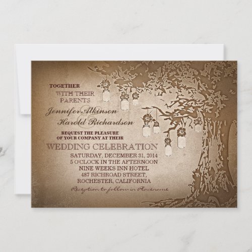 Rustic brown mason jars tree wedding invitations