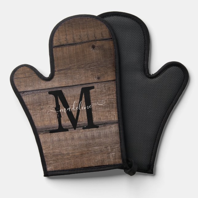 Rustic Brown Monogram Script Name Personalized  Oven Mitt (Front/Back)