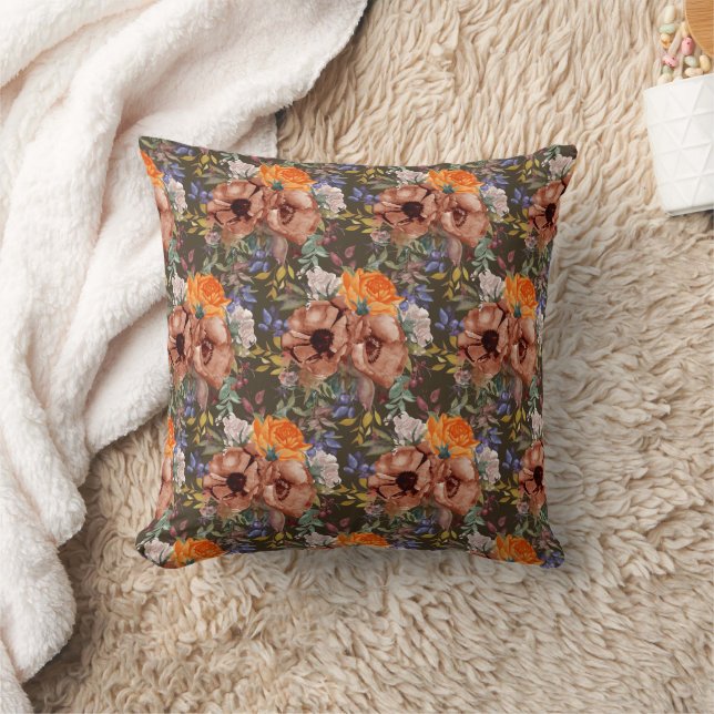Rustic Brown Orange Blue Floral Autumn  Throw Pillow (Blanket)