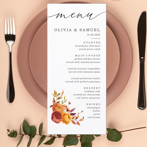 Rustic Brown Orange Floral Script Fall Wedding  Menu